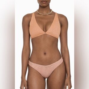 NEW Pilyq Bikini Citrine Halter Top And Striped Orange‎ Ruched Bottom Size S